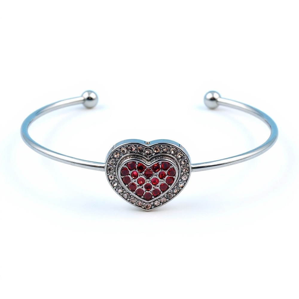 Silver Tone Red‎ Heart Rhinestone Cuff Bracelet Women Jewelry